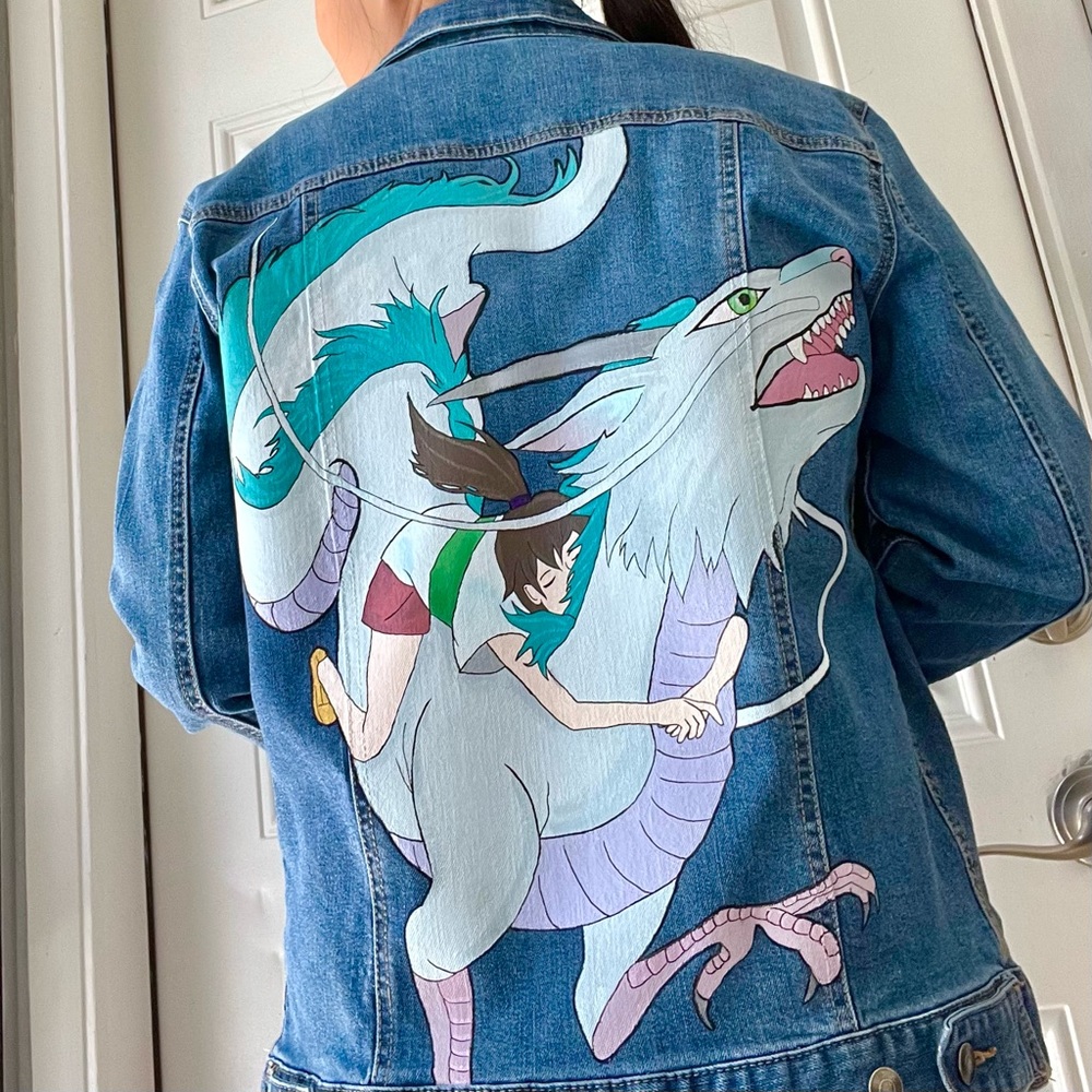 Hand painted Spirited Away inspired jacket with Haku and Chihiro